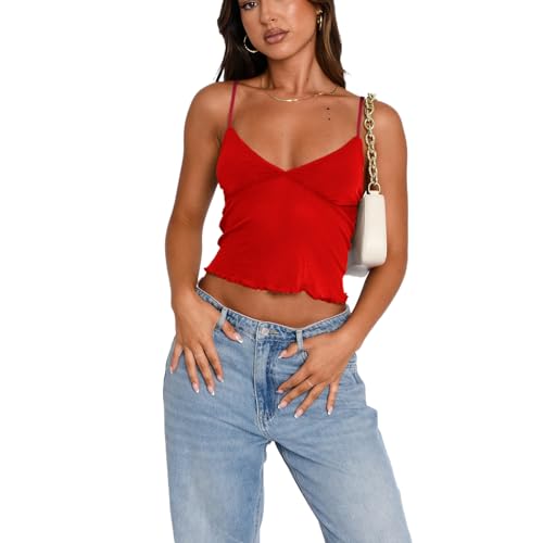 Geagodelia Damen Sexy Spaghetti Tank Top Crop Tops Rückenfreies Oberteil Elegant Trägertop Unterhemd Y2k Backless Top Sommer Aesthetic Clothes Camisole Streetwear (A - Rot, M) von Geagodelia