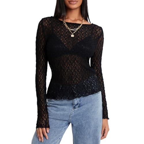 Geagodelia Damen Sexy Spitze Oberteil Mesh Top Elegant Transparent Langarmshirt/Tank Top Y2k Fashion Aesthetic Clothes Streetwear Clubwear Skims Dupes Sommer (B - Schwarz Langarm, S) von Geagodelia