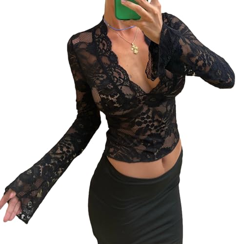 Geagodelia Damen Sexy Spitze Oberteil Mesh Top Elegant Transparent Langarmshirt/Tank Top Y2k Fashion Aesthetic Clothes Streetwear Clubwear Skims Dupes Sommer (D - Schwarz Langarm, M) von Geagodelia