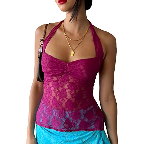 Geagodelia Damen Sexy Spitze Rückenfreies Oberteil Elegant Cami Tank Top Y2k Backless Top Sommer Aesthetic Clothes Camisole Streetwear Clubwear (A - Lila, L) von Geagodelia