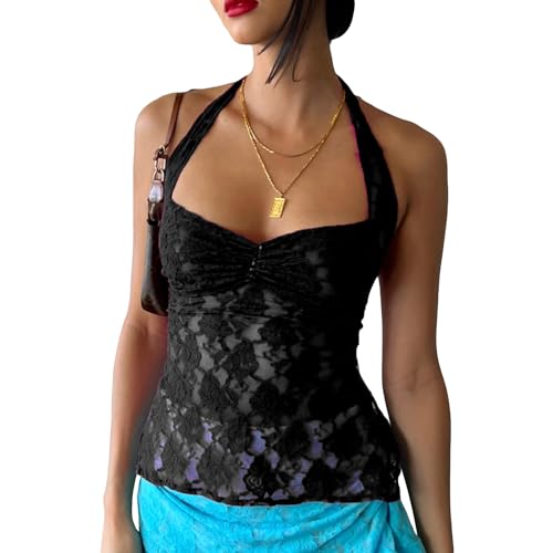 Geagodelia Damen Sexy Spitze Rückenfreies Oberteil Elegant Cami Tank Top Y2k Backless Top Sommer Aesthetic Clothes Camisole Streetwear Clubwear (A - Schwarz, M) von Geagodelia