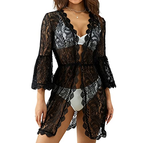 Geagodelia Damen Sexy Strandkleid Vintage Elegante Leichte Sommer Strand Kleider Strandponcho Bikini Cover Up SK-478 (Schwarz - Kurz, L) von Geagodelia