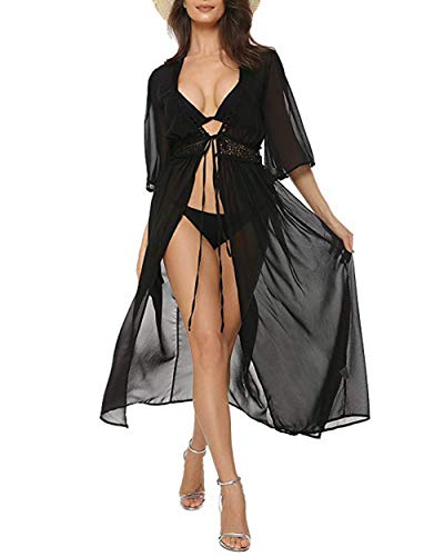 Geagodelia Damen Sexy Strandkleid Vintage Elegante Leichte Sommer Strand Kleider Strandponcho Bikini Cover Up SK-478 (Schwarz - Lang, L) von Geagodelia