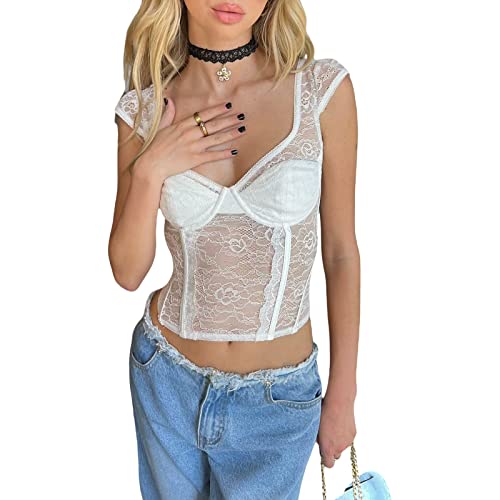 Geagodelia Damen Sexy Tank Top BH-Hemd Y2k Fashion Oberteile Crop Korsett Top Sommer Aesthetic Clothes Streetwear Clubwear Cami Corset Top Camisole (A - Weiß Spitze, XL) von Geagodelia