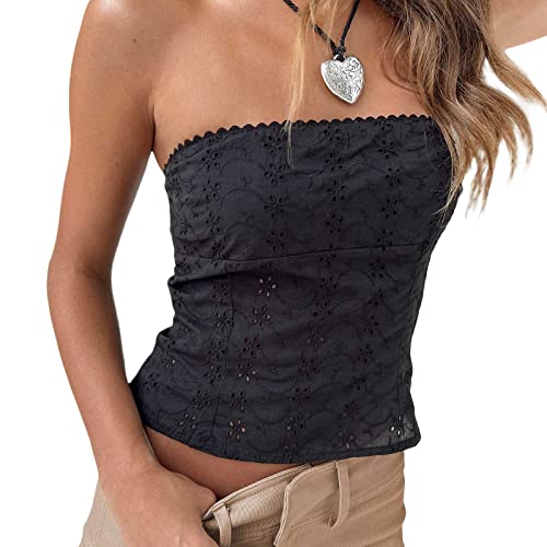 Geagodelia Damen Sexy Tube Top Spitze Trägerloses Top Y2k Fashion Oberteile Crop Top BH Bandeau Top Sommer Aesthetic Clothes Outfit Streetwear Clubwear (A - Schwarz, L) von Geagodelia