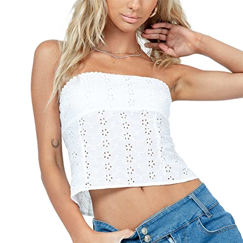 Geagodelia Damen Sexy Tube Top Spitze Trägerloses Top Y2k Fashion Oberteile Crop Top BH Bandeau Top Sommer Aesthetic Clothes Outfit Streetwear Clubwear (A - Weiß, S) von Geagodelia