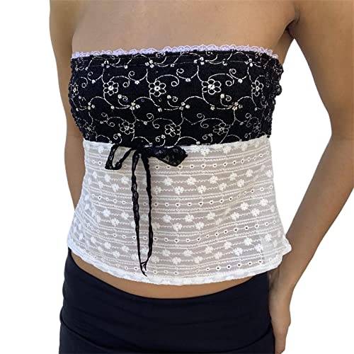 Geagodelia Damen Sexy Tube Top Spitze Trägerloses Top Y2k Fashion Oberteile Crop Top BH Bandeau Top Sommer Aesthetic Clothes Outfit Streetwear Clubwear (B - Schwarz & Weiß 02, M) von Geagodelia