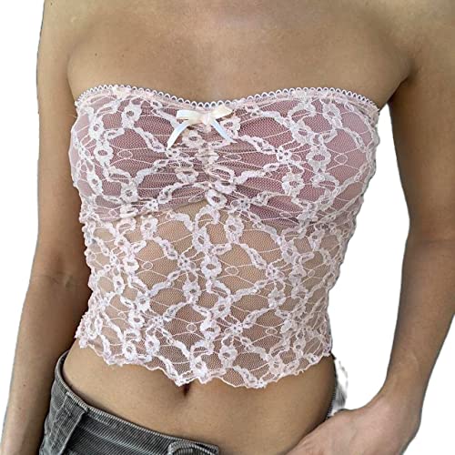 Geagodelia Damen Sexy Tube Top Spitze Trägerloses Top Y2k Fashion Oberteile Crop Top BH Bandeau Top Sommer Aesthetic Clothes Outfit Streetwear Clubwear (C - Weiß, M) von Geagodelia