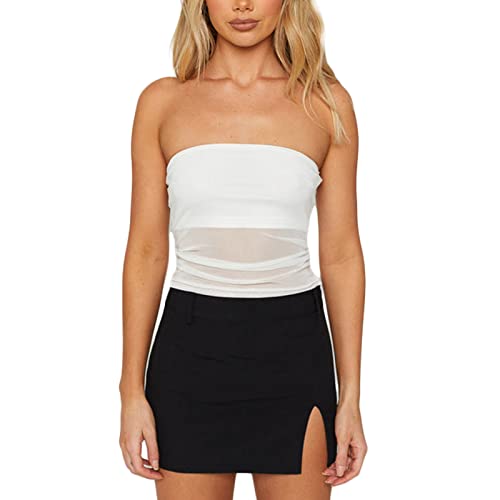 Geagodelia Damen Sexy Tube Top Spitze Trägerloses Top Y2k Fashion Oberteile Crop Top BH Bandeau Top Sommer Aesthetic Clothes Outfit Streetwear Clubwear (F - Weiß, S) von Geagodelia