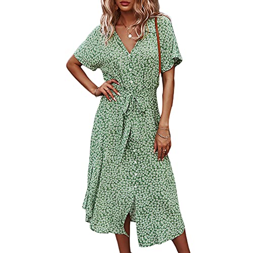 Geagodelia Damen Sommerkleid Knielang Boho Sommer Kleider Midikleider Vintage Elegante Leichte Kurzarm Strandkleid A Linie Freizeitkleider SK-387 (Grün, S) von Geagodelia
