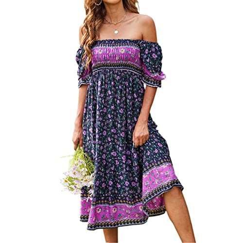 Geagodelia Damen Sommerkleid Knielang Boho Sommer Kleider Midikleider Vintage Elegante Leichte Strandkleid A Linie Freizeitkleider SK-998 (Navy, L) von Geagodelia