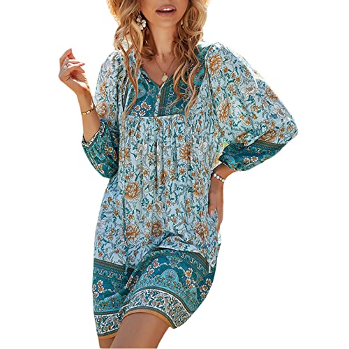 Geagodelia Damen Sommerkleid Kurz Sommer Kleider Boho Minikleider Vintage Elegante Leichte Langarm Strandkleid A Linie Freizeitkleider SK-976 (Blau, L) von Geagodelia