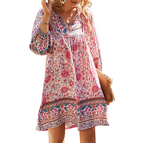 Geagodelia Damen Sommerkleid Kurz Sommer Kleider Boho Minikleider Vintage Elegante Leichte Langarm Strandkleid A Linie Freizeitkleider SK-976 (Pink, L) von Geagodelia