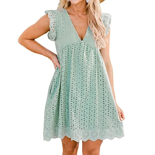 Geagodelia Damen Sommerkleid Kurz Sommer Kleider Sexy Minikleider Elegante Leichte Strandkleid A Linie Freizeitkleider mit Taschen (as3, Alpha, l, Regular, Regular, Grün) von Geagodelia