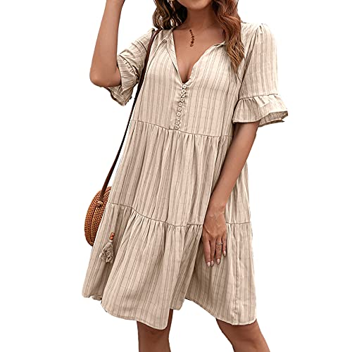 Geagodelia Damen Sommerkleid Kurz Sommer Kleider Sexy Minikleider Vintage Elegante Leichte Kurzarm Strandkleid A Linie Freizeitkleider SK-640 (Beige, L) von Geagodelia