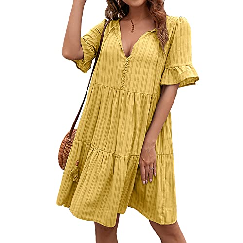 Geagodelia Damen Sommerkleid Kurz Sommer Kleider Sexy Minikleider Vintage Elegante Leichte Kurzarm Strandkleid A Linie Freizeitkleider SK-640 (Gelb, M) von Geagodelia