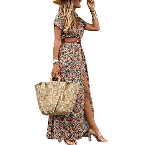 Geagodelia Damen Sommerkleid Lang Boho Sommer Kleider Maxikleider Vintage Elegante Leichte Kurzarm Strandkleid A Linie Freizeitkleider SK-826 (Braun, L) von Geagodelia