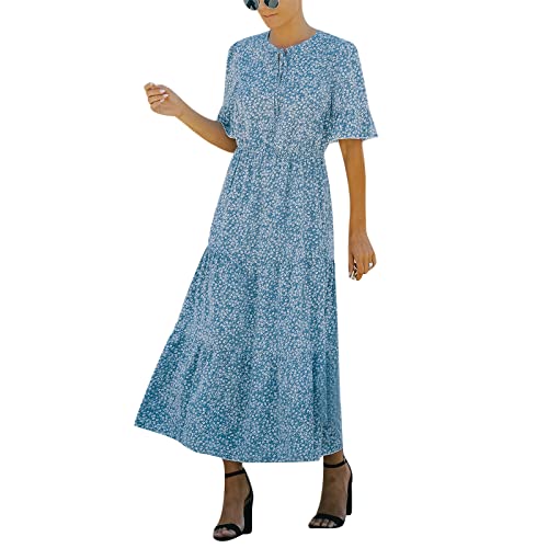 Geagodelia Damen Sommerkleid Lang Boho Sommer Kleider Maxikleider Vintage Elegante Leichte Kurzarm Strandkleid A Linie Freizeitkleider SK-922 (Blau, S) von Geagodelia