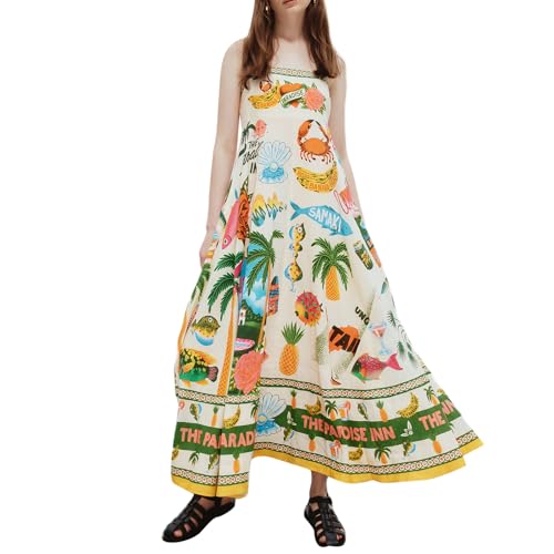Geagodelia Damen Sommerkleid Lang Sommer Boho Kleider Spaghetti Maxikleider Leichte Luftige Strandkleid Vintage Elegante A Linie Freizeitkleider (A - Bunt, L) von Geagodelia