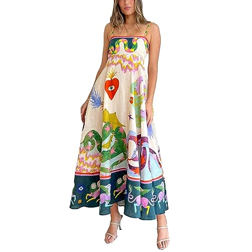 Geagodelia Damen Sommerkleid Lang Sommer Boho Kleider Spaghetti Maxikleider Leichte Luftige Strandkleid Vintage Elegante A Linie Freizeitkleider (B - Bunt, M) von Geagodelia