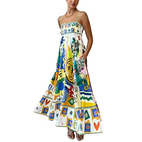 Geagodelia Damen Sommerkleid Lang Sommer Boho Kleider Spaghetti Maxikleider Leichte Luftige Strandkleid Vintage Elegante A Linie Freizeitkleider (B - Gelb, L) von Geagodelia