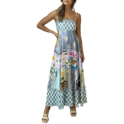 Geagodelia Damen Sommerkleid Lang Sommer Boho Kleider Spaghetti Maxikleider Leichte Luftige Strandkleid Vintage Elegante A Linie Freizeitkleider (B - Grau, M) von Geagodelia