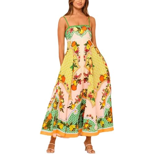Geagodelia Damen Sommerkleid Lang Sommer Boho Kleider Spaghetti Maxikleider Leichte Luftige Strandkleid Vintage Elegante A Linie Freizeitkleider (C - Gelb, M) von Geagodelia