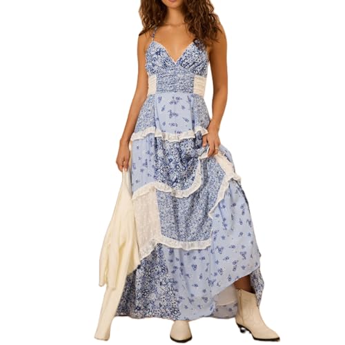 Geagodelia Damen Sommerkleid Lang Sommer Elegante Kleider Spaghettiträger Maxikleider Luftige Leichte Boho Kleid Blumenkleid Strandkleid Vintage Sundress Floral Dress (A - Blau, M) von Geagodelia