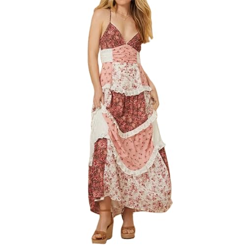 Geagodelia Damen Sommerkleid Lang Sommer Elegante Kleider Spaghettiträger Maxikleider Luftige Leichte Boho Kleid Blumenkleid Strandkleid Vintage Sundress Floral Dress (A - Hellbraun, S) von Geagodelia