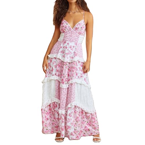 Geagodelia Damen Sommerkleid Lang Sommer Elegante Kleider Spaghettiträger Maxikleider Luftige Leichte Boho Kleid Blumenkleid Strandkleid Vintage Sundress Floral Dress (A - Pink, S) von Geagodelia