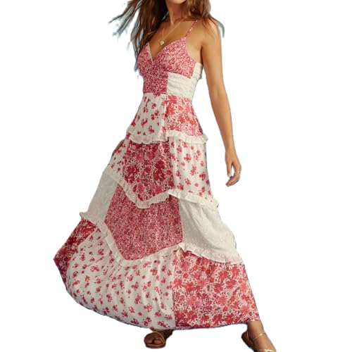 Geagodelia Damen Sommerkleid Lang Sommer Elegante Kleider Spaghettiträger Maxikleider Luftige Leichte Boho Kleid Blumenkleid Strandkleid Vintage Sundress Floral Dress (A - Rot, M) von Geagodelia