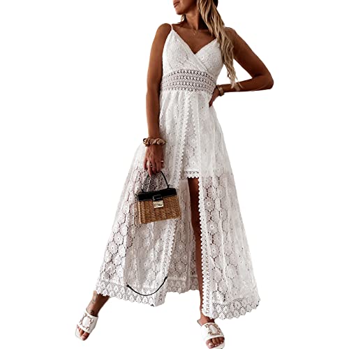 Geagodelia Damen Sommerkleid Lang Sommer Kleider Maxikleider Sexy Spitze Strandkleid Vintage Elegante A Linie Freizeitkleider SK-028 (Weiß 57, XL) von Geagodelia