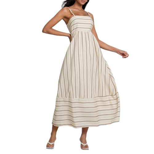 Geagodelia Damen Sommerkleid Lang Sommer Streifen Kleider Spaghetti Maxikleider Luftige Leichte Strandkleid Vintage Elegante A Linie Freizeitkleider (Beige, XL) von Geagodelia