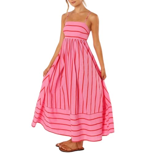 Geagodelia Damen Sommerkleid Lang Sommer Streifen Kleider Spaghetti Maxikleider Luftige Leichte Strandkleid Vintage Elegante A Linie Freizeitkleider (Pink, M) von Geagodelia
