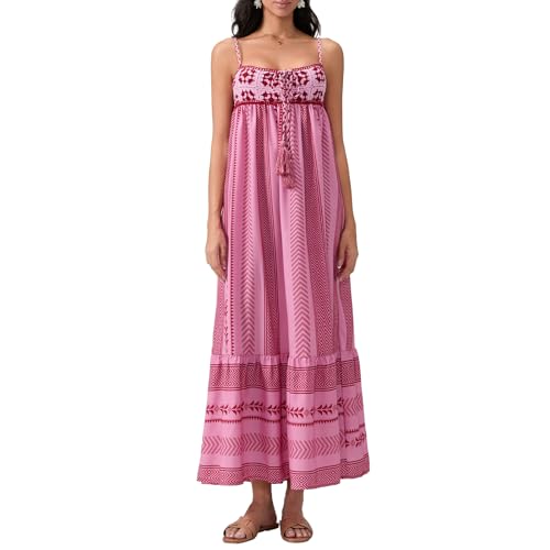 Geagodelia Damen Sommerkleid Lang Sommer Streifen Kleider Spaghetti Maxikleider Luftige Leichte Strandkleid Vintage Elegante A Linie Freizeitkleider (Rosa 02, S) von Geagodelia
