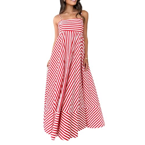 Geagodelia Damen Sommerkleid Lang Sommer Streifen Kleider Spaghetti Maxikleider Luftige Leichte Strandkleid Vintage Elegante A Linie Freizeitkleider (Rot, L) von Geagodelia