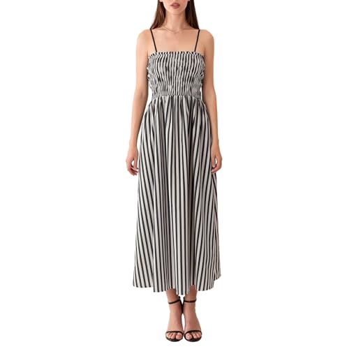 Geagodelia Damen Sommerkleid Lang Sommer Streifen Kleider Spaghetti Maxikleider Luftige Leichte Strandkleid Vintage Elegante A Linie Freizeitkleider (Schwarz, S) von Geagodelia