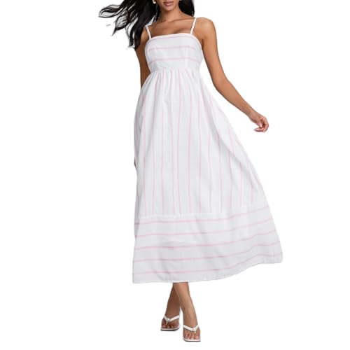 Geagodelia Damen Sommerkleid Lang Sommer Streifen Kleider Spaghetti Maxikleider Luftige Leichte Strandkleid Vintage Elegante A Linie Freizeitkleider (Weiß, XL) von Geagodelia
