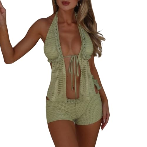 Geagodelia Damen Strick Zweiteiler Sommer Sexy Hosenanzug Elegant Outfits Kleidung 2 Teiler Set Binden Vorne Top Rückenfreies Oberteil + Shorts Strand Anzug Bikini Cover Up (Grün, S) von Geagodelia