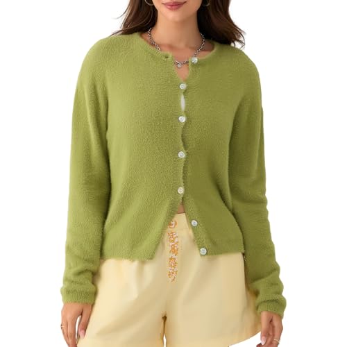 Geagodelia Damen Strickjacke Dünn Langarm Strick Cropped Cardigan Pullover Elegante Strickpullover Strickweste Y2k Sweater Knitted Top Pulli Herbst Frühling (A - Grün, M) von Geagodelia