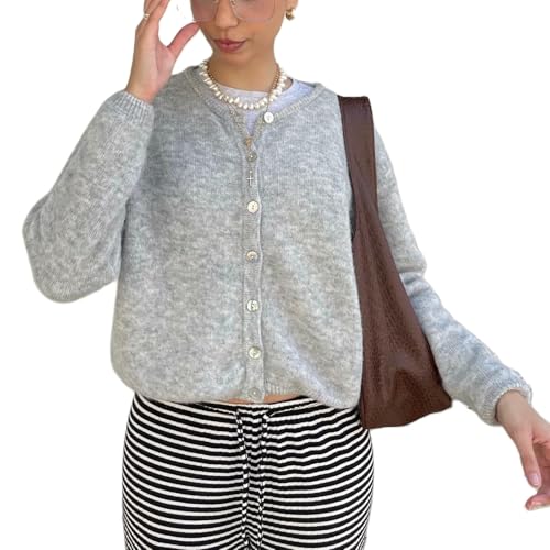 Geagodelia Damen Strickjacke Dünn Langarm Strick Cropped Cardigan Pullover Elegante Strickpullover Strickweste Y2k Sweater Knitted Top Pulli Herbst Frühling (A - Hellgrau, XL) von Geagodelia