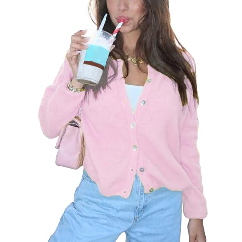 Geagodelia Damen Strickjacke Dünn Langarm Strick Cropped Cardigan Pullover Elegante Strickpullover Strickweste Y2k Sweater Knitted Top Pulli Herbst Frühling (A - Pink, M) von Geagodelia