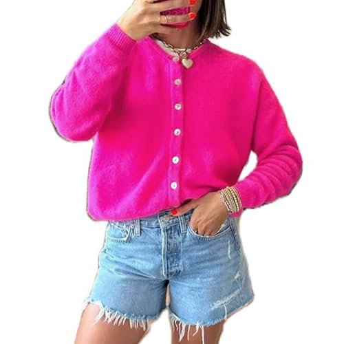 Geagodelia Damen Strickjacke Dünn Langarm Strick Cropped Cardigan Pullover Elegante Strickpullover Strickweste Y2k Sweater Knitted Top Pulli Herbst Frühling (A - Rose, M) von Geagodelia