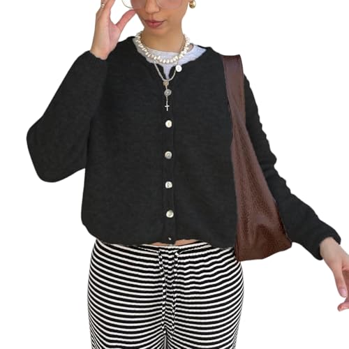 Geagodelia Damen Strickjacke Dünn Langarm Strick Cropped Cardigan Pullover Elegante Strickpullover Strickweste Y2k Sweater Knitted Top Pulli Herbst Frühling (A - Schwarz, L) von Geagodelia