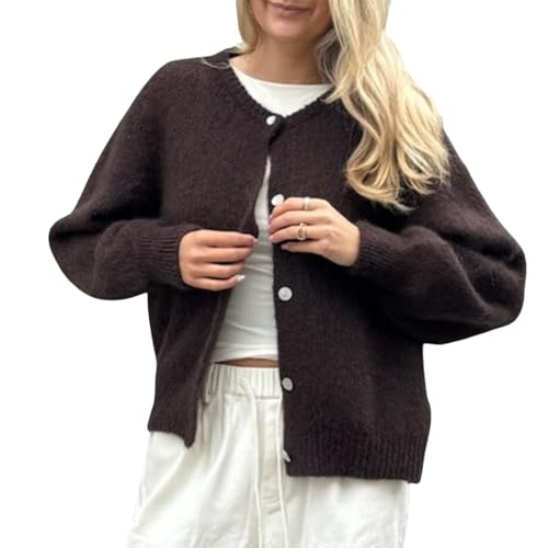 Geagodelia Damen Strickjacke Dünn Langarm Strick Cropped Cardigan Pullover Elegante Strickpullover Strickweste Y2k Sweater Knitted Top Pulli Herbst Frühling (B - Dunkelbraun, XL) von Geagodelia