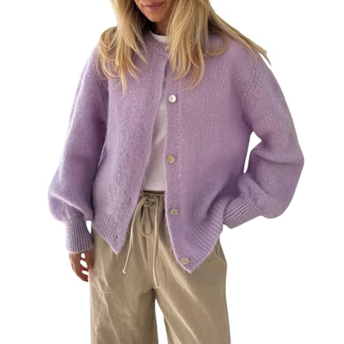 Geagodelia Damen Strickjacke Dünn Langarm Strick Cropped Cardigan Pullover Elegante Strickpullover Strickweste Y2k Sweater Knitted Top Pulli Herbst Frühling (B - Helllila, L) von Geagodelia