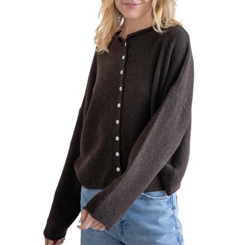 Geagodelia Damen Strickjacke Dünn Strick Langarm Cropped Cardigan Pullover Elegante Strickpullover Strickweste Knitted Top Pulli Y2k Sweater Frühling Herbst (A - Dunkelbraun, XL) von Geagodelia