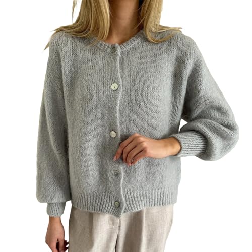Geagodelia Damen Strickjacke Elegante Langarm Strick Cropped Cardigan Pullover Strickpullover Strickweste Y2k Sweater Knitted Top Herbst Frühling (A - Hellgrau, L) von Geagodelia