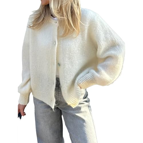 Geagodelia Damen Strickjacke Elegante Langarm Strick Cropped Cardigan Pullover Strickpullover Strickweste Y2k Sweater Knitted Top Herbst Frühling (A - Weiß, M) von Geagodelia