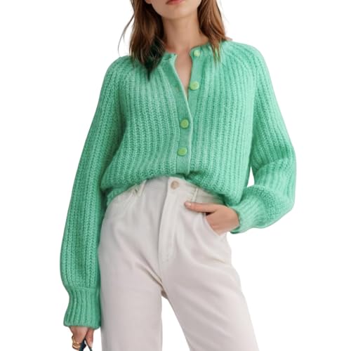 Geagodelia Damen Strickjacke Grobstrick Elegante Langarm Cropped Cardigan Pullover Strickpullover Strickweste Winterpullover Y2k Sweater Pulli Knitted Top Herbst Winter (Grün, S) von Geagodelia